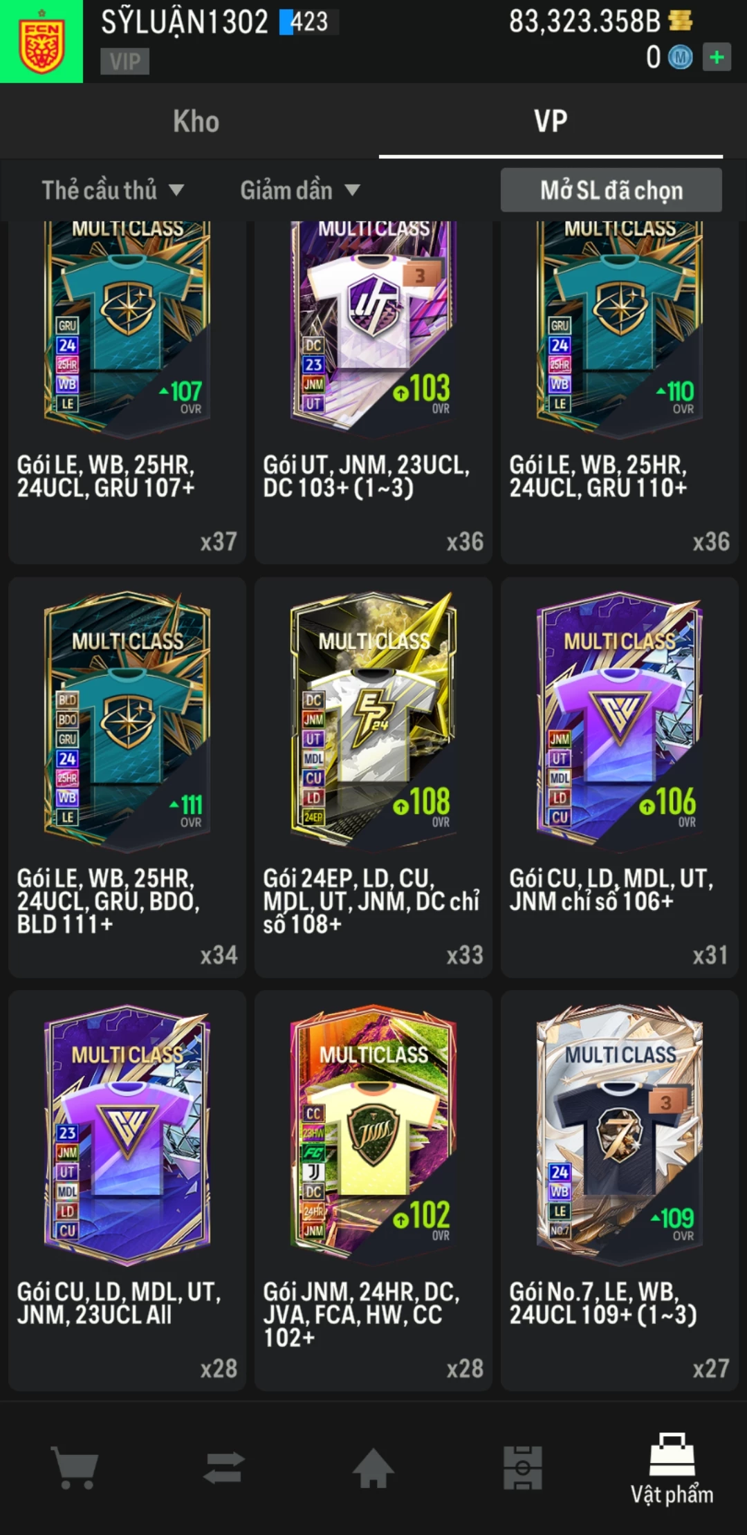 Ảnh ACC mở thẻ (LOẠI SVIP PROMAX) bao gồm có 01 thẻ +12, 03 thẻ PRIME (QH+, CP+, XS+) và hơn 1600+ đến 3500+ thẻ cầu thủ từ Siêu sao đến Miền núi các loại. Acc có sẵn BP trắng từ 55.000 tỷ BP đến 90.000 tỷ BP